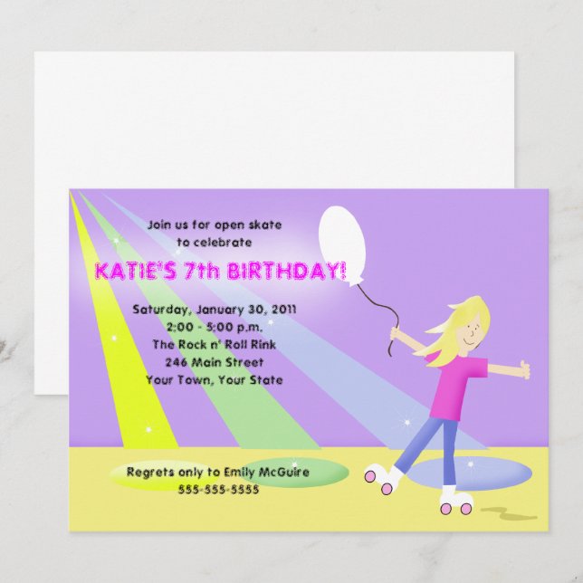 Invitación ROLLER SKATE Rollersking 5x7 Cumpleaños - Rubia (Anverso / Reverso)