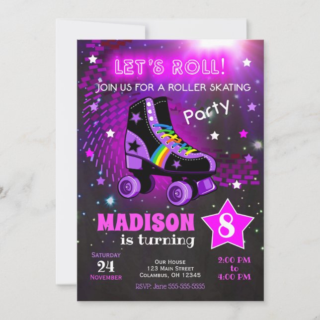 Invitación Roller Skating Birthday Party Invitation / Neon (Anverso)