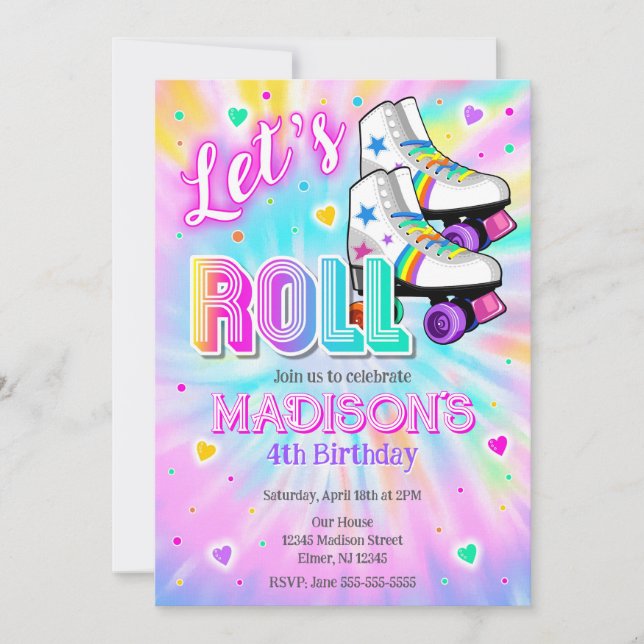 Invitación Roller Skating Birthday Party Tie Dye Neon Glow (Anverso)