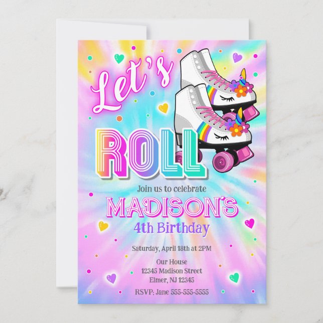 Invitación Roller Skating Unicorn Birthday Party Tie Dye Neon (Anverso)