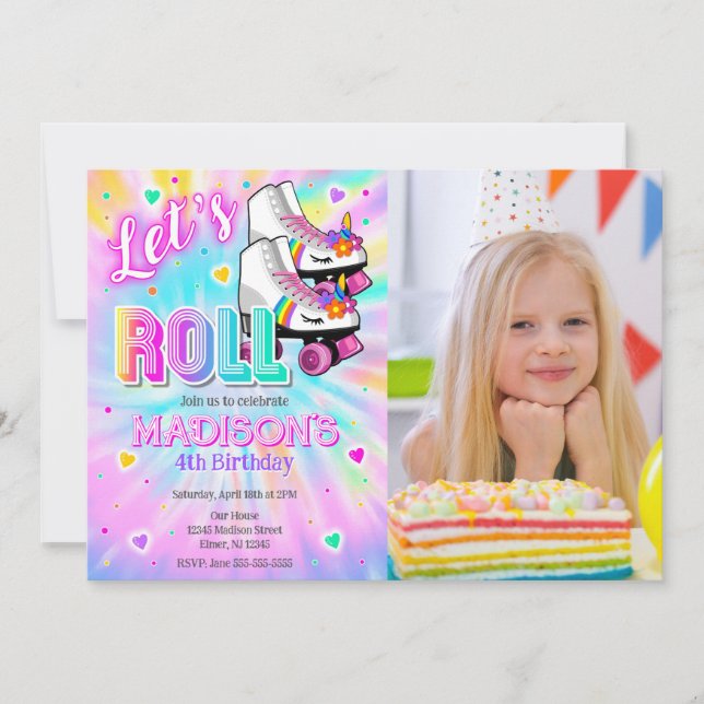 Invitación Roller Skating Unicorn Birthday Tie Dye Neon Photo (Anverso)