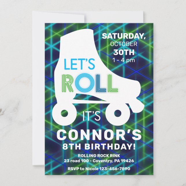 Invitación Roller Skys Boys Glow Neon Birthday Party (Anverso)