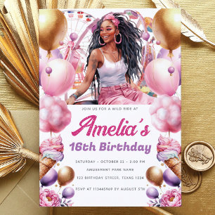 Invitación Rollercoaster Fiesta Personalizado Chica afroameri