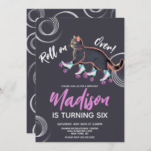 Invitación Rolling Skates Black Kitten Rainbow Birday Party