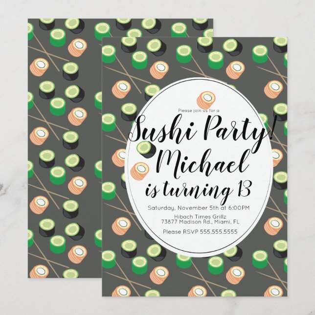 Invitación Rollo de Sushi Gris Cumpleaños Restaurante Hibachi (Anverso / Reverso)