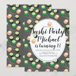 Invitación Rollo de Sushi Gris Cumpleaños Restaurante Hibachi