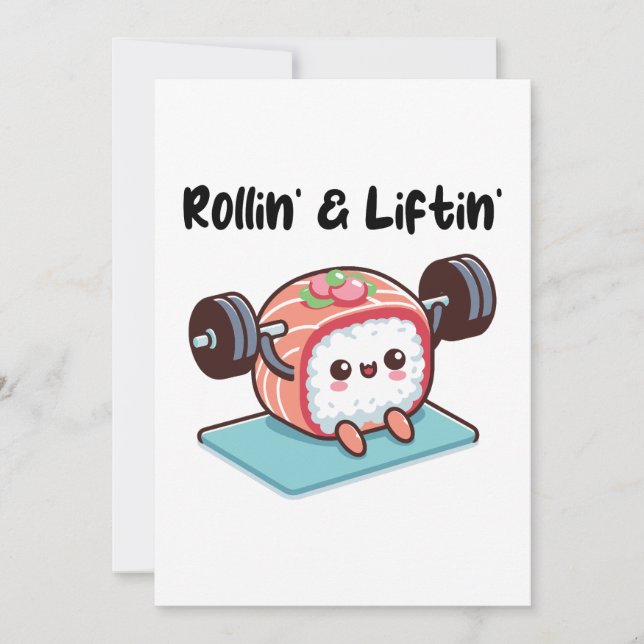 Invitación Rollo de Sushi Levantando Pesas (Anverso)