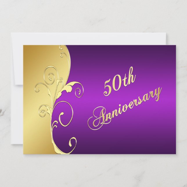 Invitación Rollo dorado de aniversario número 50 con púrpura (Anverso)