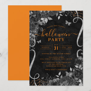 Invitación Rollo floral oscuro de naranja espeluznante fiesta