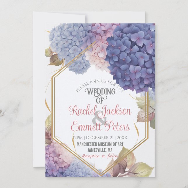 Invitación Romance Blue Hydrangea Blooms Boda Gold Frame (Anverso)