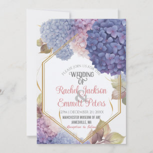 Invitación Romance Blue Hydrangea Blooms Boda Gold Frame