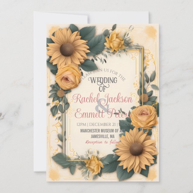 Invitación Romance Boda de girasol rosa amarillo deja marco (Anverso)