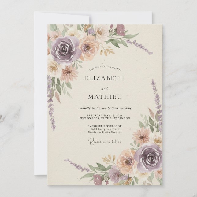 Invitación Romance Bodas Flor de Melocotón Lila (Anverso)