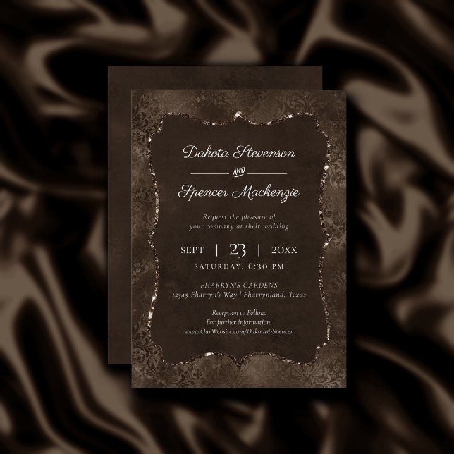 Invitación Romance bronce de medianoche | Damasco satinado (Subido por el creador)