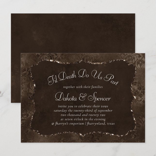 Invitación Romance bronce de medianoche | Damasco satinado (Anverso / Reverso)
