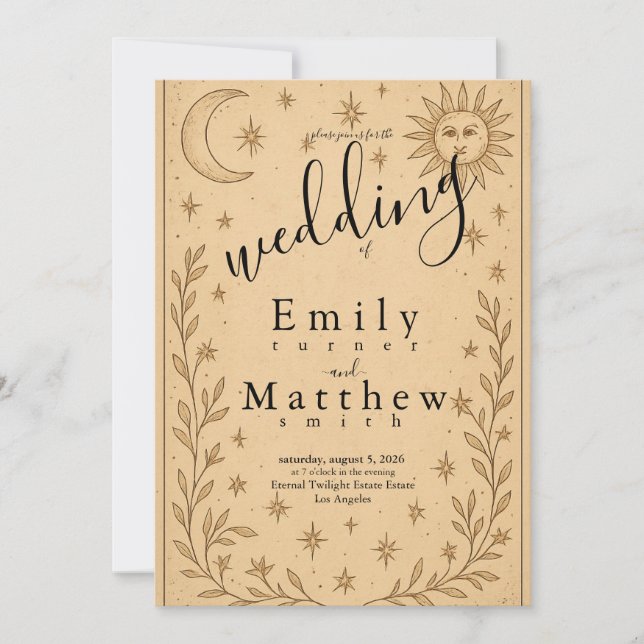 Invitación Romance celeste - Diseño Luna y Sol (Anverso)