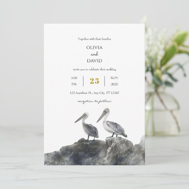 Invitación Romance costero Dusty Pelican Couple Beach Wedding (Anverso de pie)