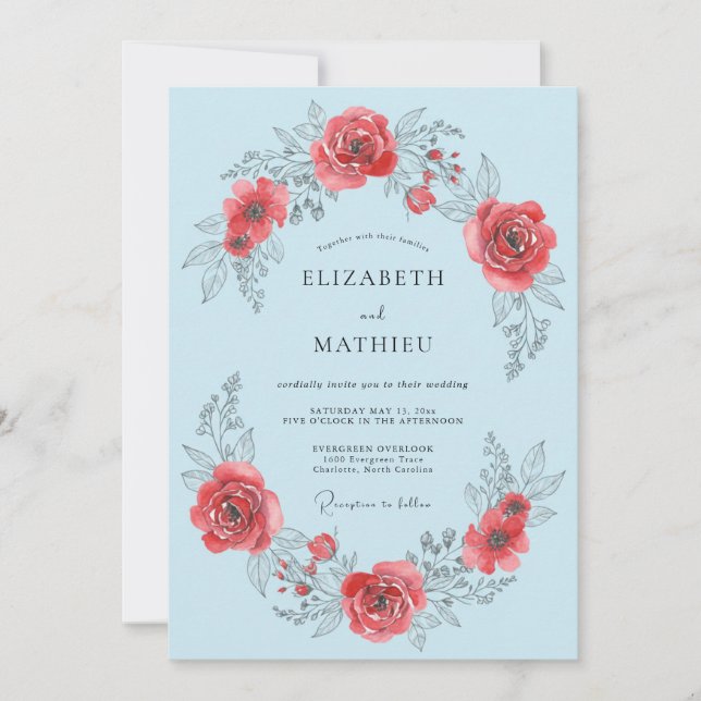 Invitación Romance de Boda con Flor de Rosa Azul Claro (Anverso)
