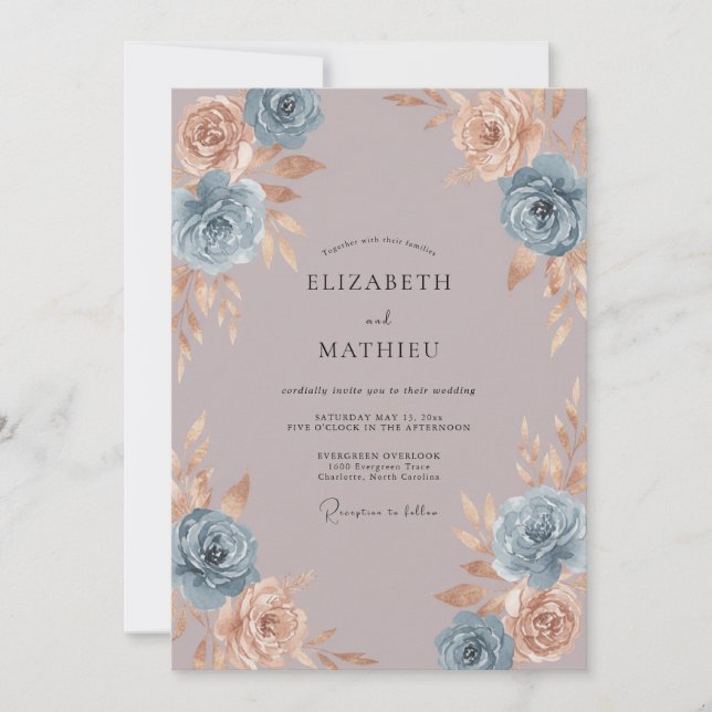 Invitación Romance de Boda de Flor de Melocotón Azul (Anverso)