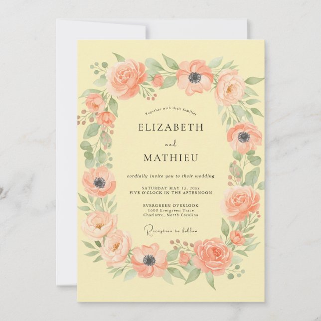 Invitación Romance de Boda de Guirnalda de Flor de Melocotón (Anverso)