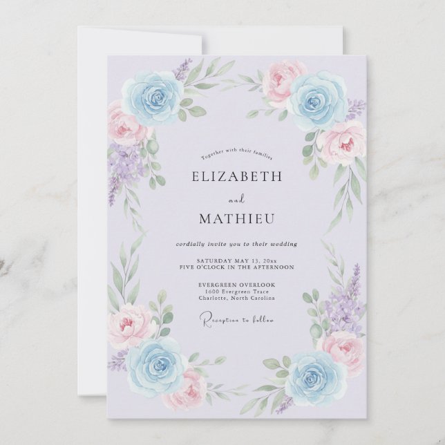 Invitación Romance de Boda Flor de Lila Azul (Anverso)