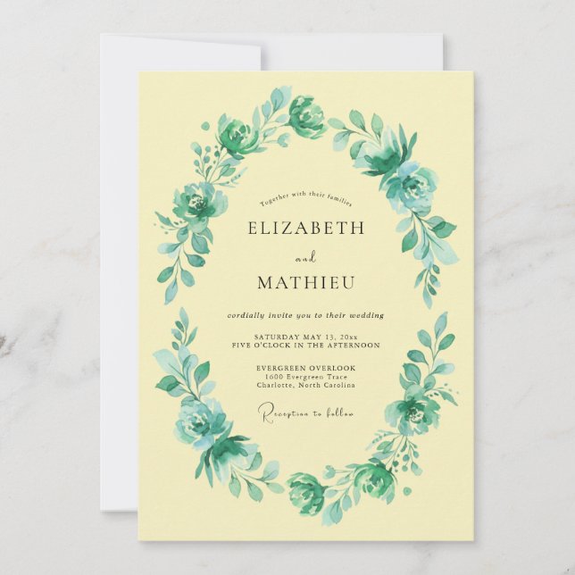 Invitación Romance de Boda Óvalo de Flor de Teal (Anverso)