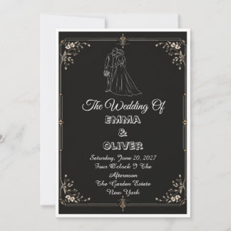 Invitación Romance de Corbata Negra Elegante Boda de Marfil D