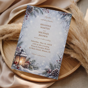 Invitación Romance de Linterna Invernal y Piñas Nevadas