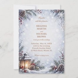 Invitación Romance de Linterna Invernal y Piñas Nevadas