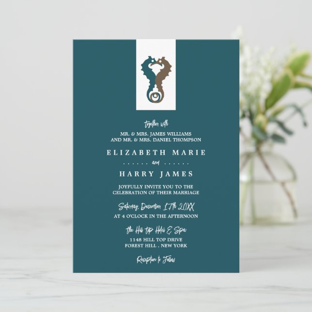 Invitación Romance del caballito de mar, boda en la playa (Anverso de pie)