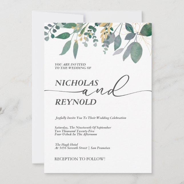 Invitación Romance encantado Eucalyptus deja Boda (Anverso)