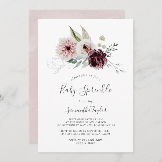 Invitación Romance floral Bebé Sprinkle (Anverso / Reverso)