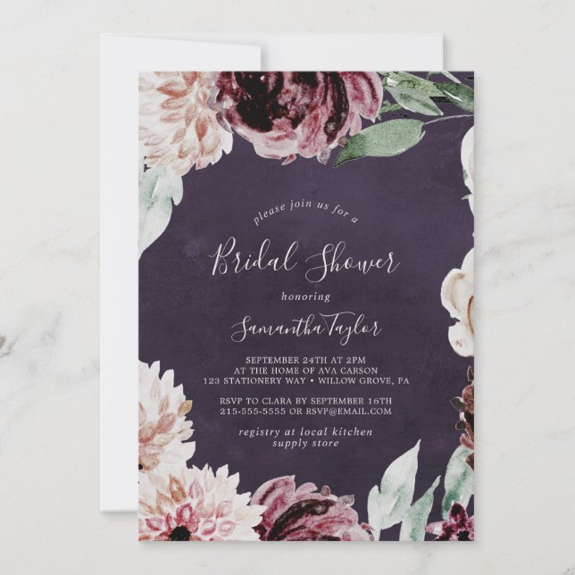 Invitación Romance floral | Ducha nupcial de Plum (Anverso)