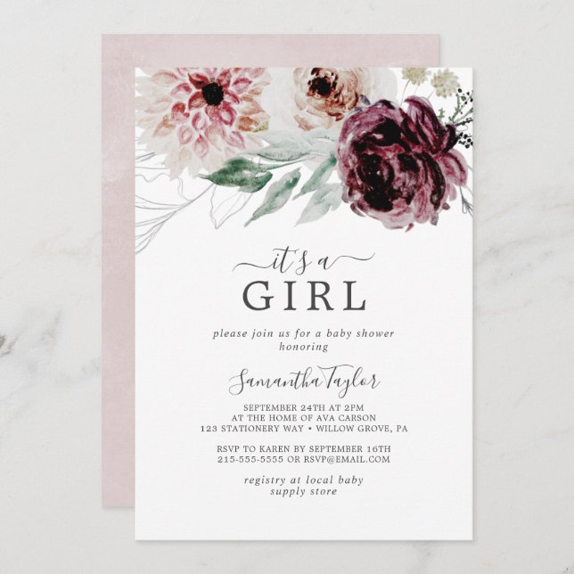 Invitación Romance floral es un Baby Shower Chica (Anverso / Reverso)