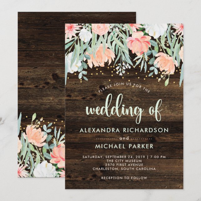 Invitación Romance floral rústico | Boda acuarela (Anverso / Reverso)