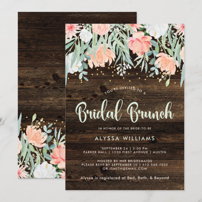Invitación Romance floral rústico | Brunch nupcial (Anverso / Reverso)