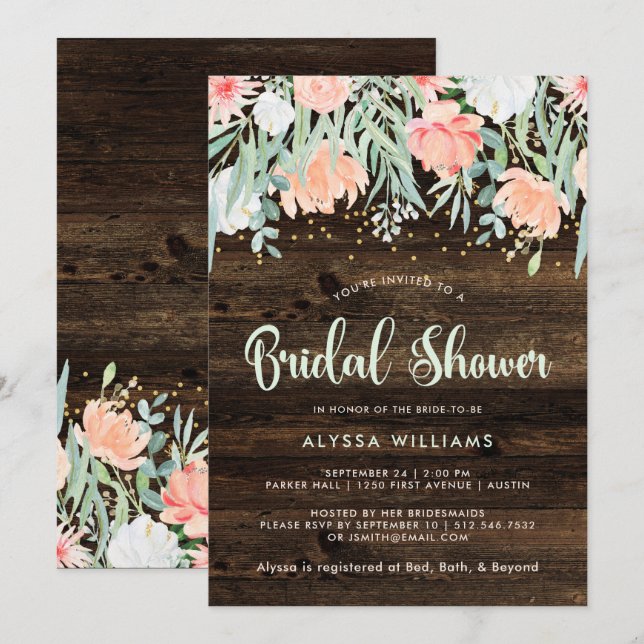 Invitación Romance floral rústico | Ducha de novia (Anverso / Reverso)
