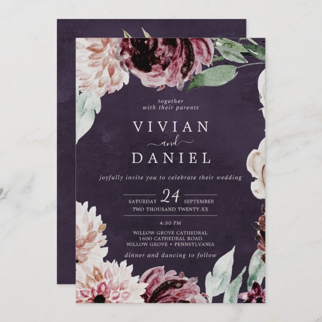Invitación Romance floral todo en uno | Boda de ciruelas (Anverso / Reverso)