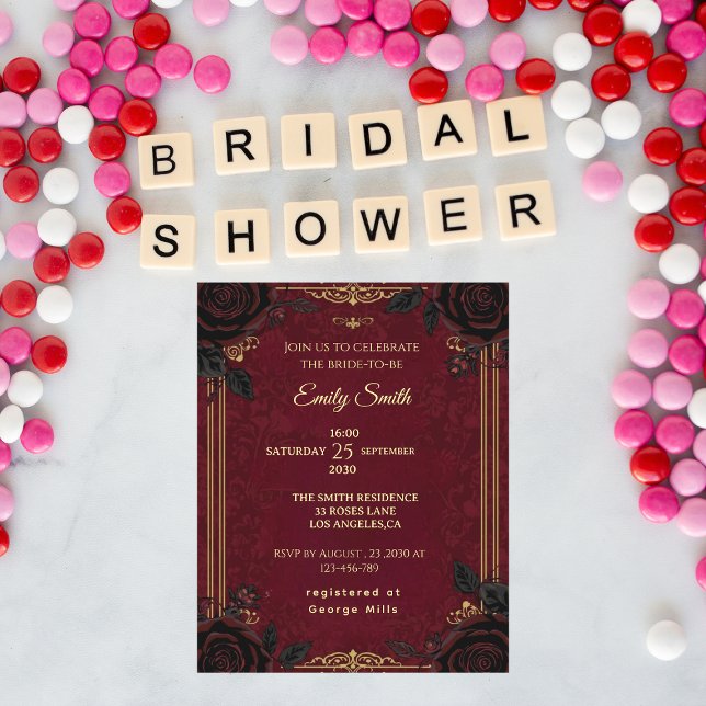 Invitación Romance gótico Borgoña y negro Rosas ducha de novi (Subido por el creador)