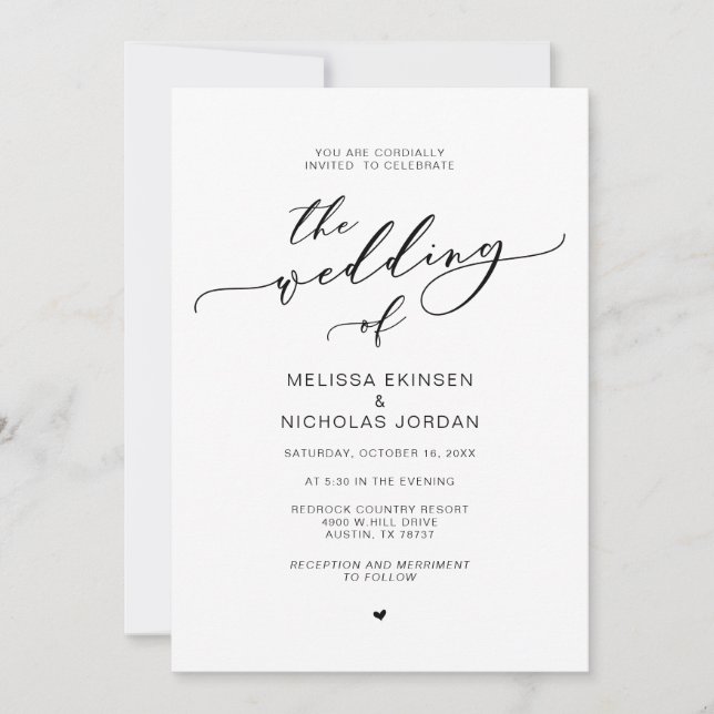 Invitación Romance moderno, Boda de caligrafía negra (Anverso)