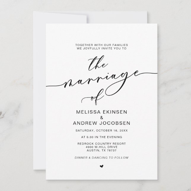 Invitación Romance moderno, caligrafía negra, matrimonio (Anverso)