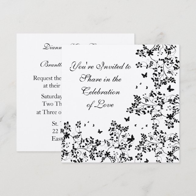 Invitación Romance/negro y plata metalizada de la mariposa (Anverso / Reverso)