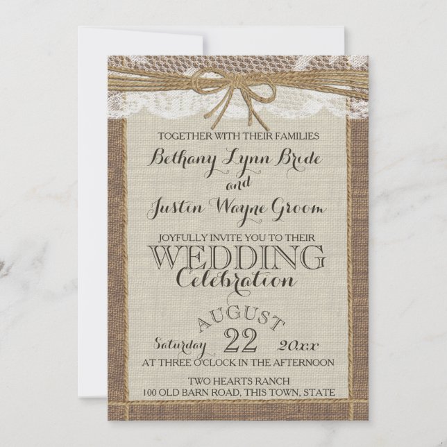 Invitación Romance occidental Burlap y Lace (Anverso)