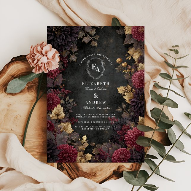 Invitación Romance oscuro Boda floral de Borgoña (Subido por el creador)