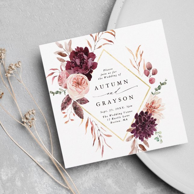Invitación Romance Otoño Marco de Oro Borgoña Boda Plaza (Subido por el creador)
