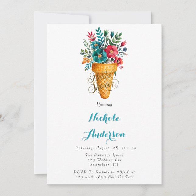 Invitación Romance pintado Ice Cream Cone Gold Bridal Shower (Anverso)