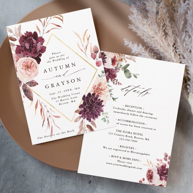 Invitación Romance Romance Borgoña Boda De Otoño (Subido por el creador)