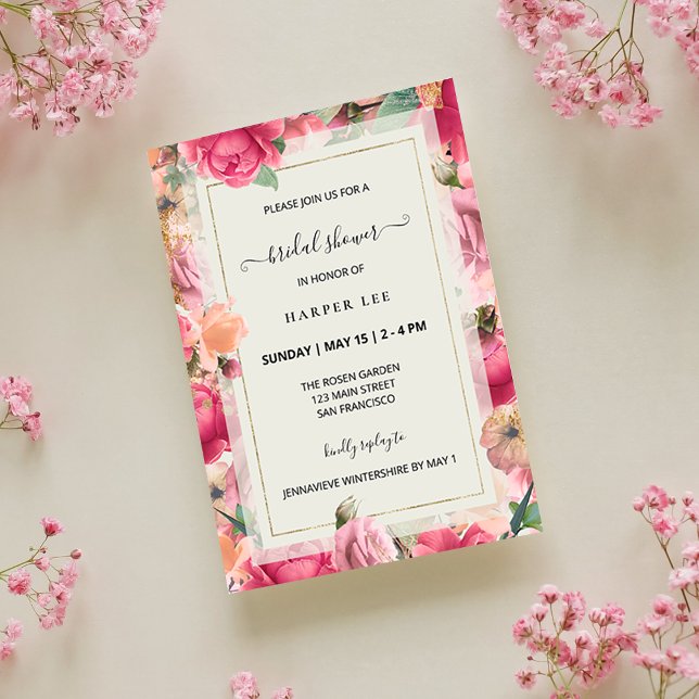 Invitación Romance Rubor Roses rosas rosas rosadas Jardín Duc (Romance Blush Pink Roses Gold Frame Modern Floral Garden Bridal Shower Invitation)