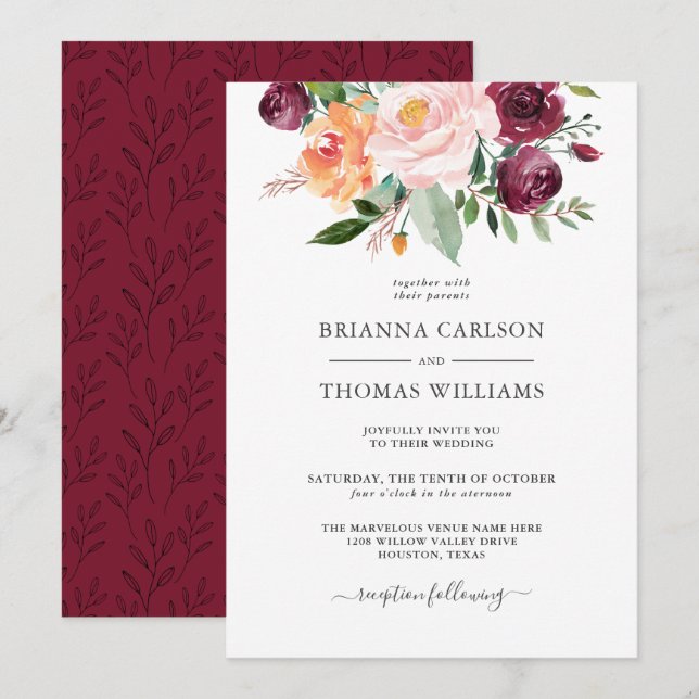 Invitación Romance rústico Borgoña y Boda floral rosada (Anverso / Reverso)
