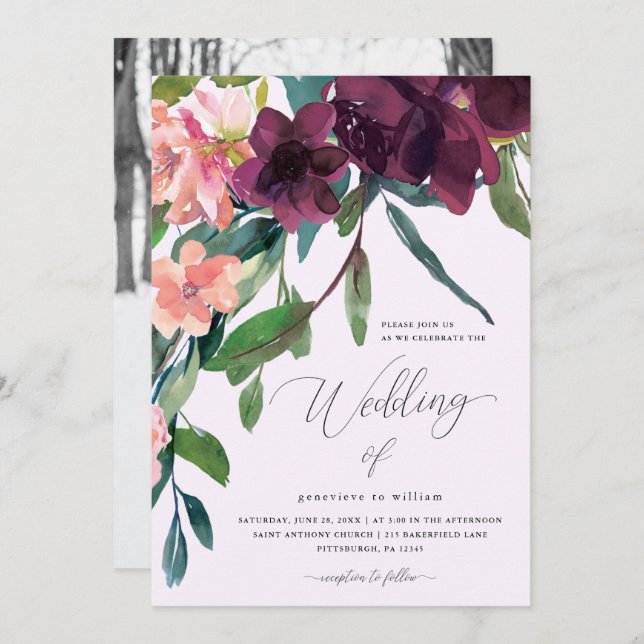 Invitación Romance rústico Hermoso Boda acuarela floral (Anverso / Reverso)
